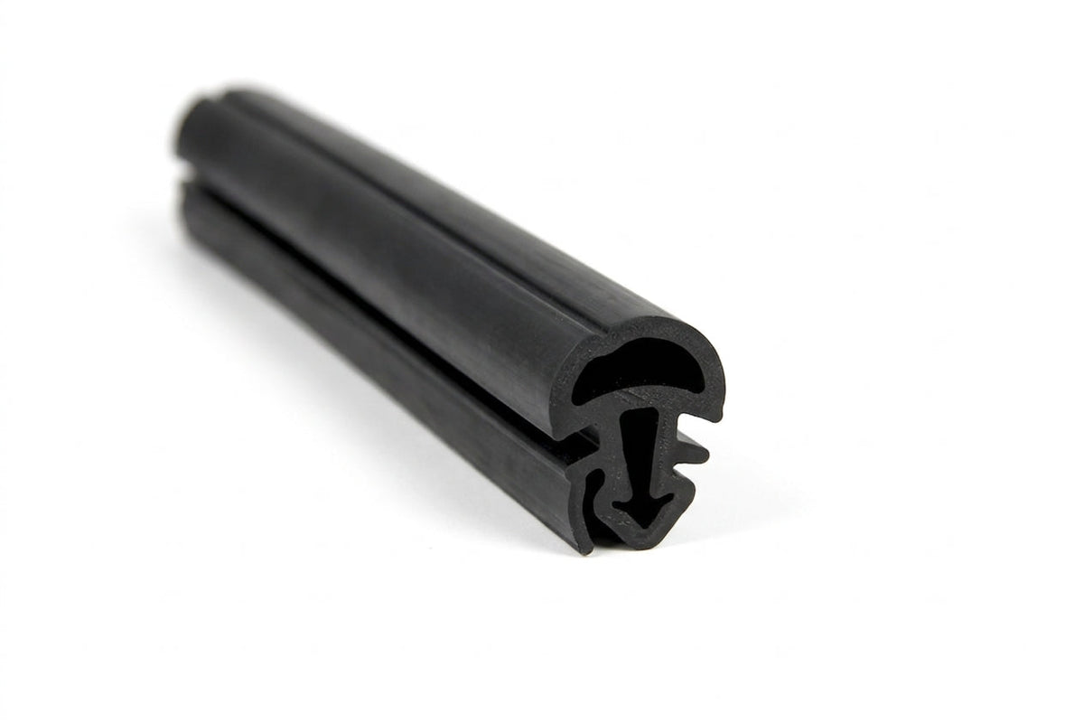 Black rubber windscreen seal with mushroom-shaped locking bead, angled studio shot