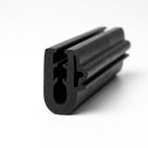 Black neoprene U-channel profile, angled view showing twin internal ribs and grooves