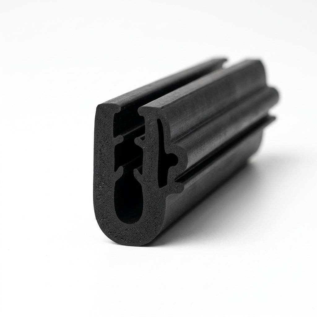 Black neoprene U-channel profile, angled view showing twin internal ribs and grooves
