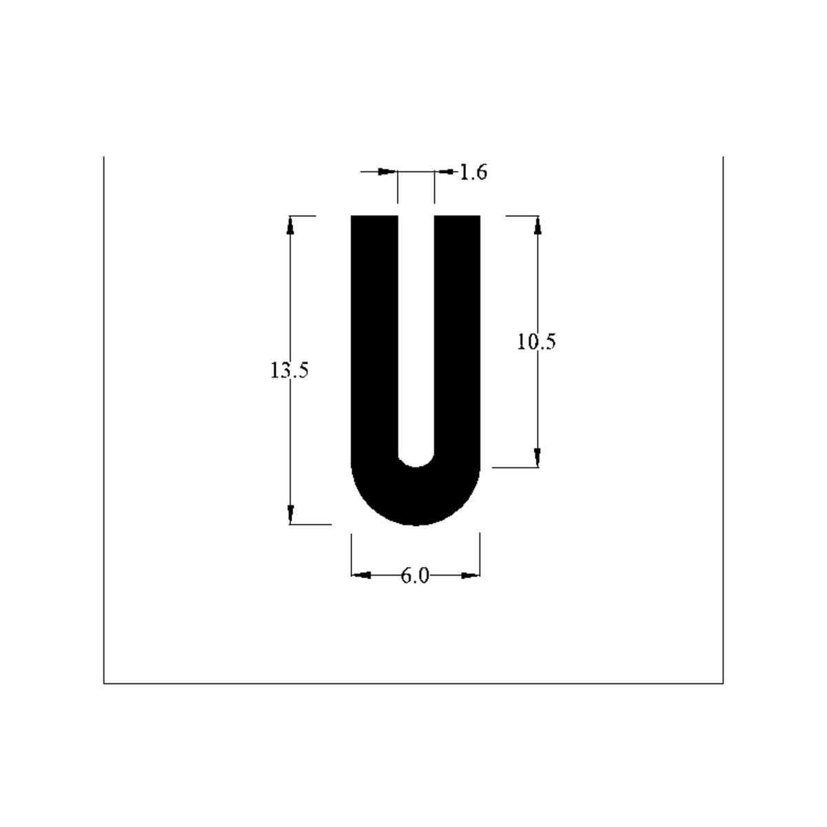 Cross-section diagram of U-channel profile, 13.5mm high x 6.0mm wide dimensions shown