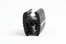 Black rubber windscreen surround seal shown end-on, revealing the hollow twin-lobe cross-section and gripping fins
