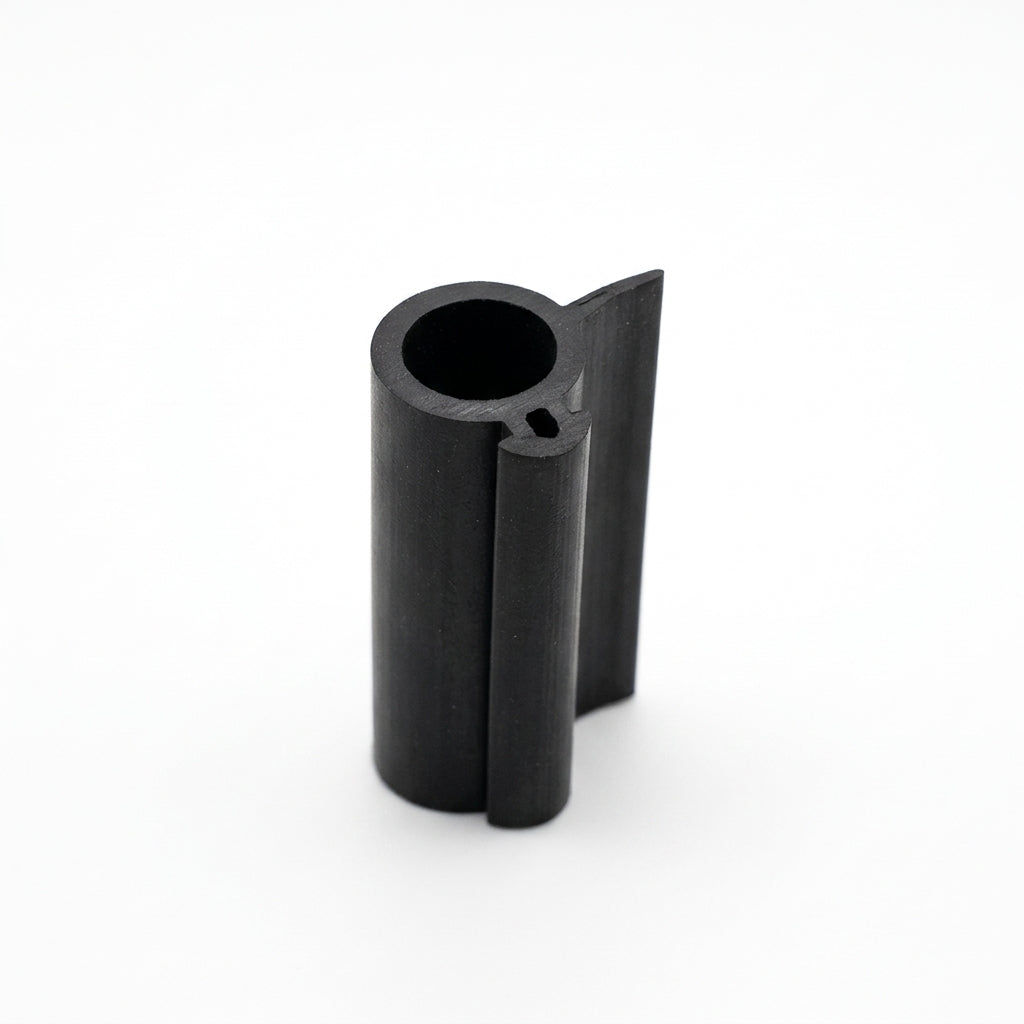 Black rubber roof light seal standing upright, hollow round bulb with thin flag