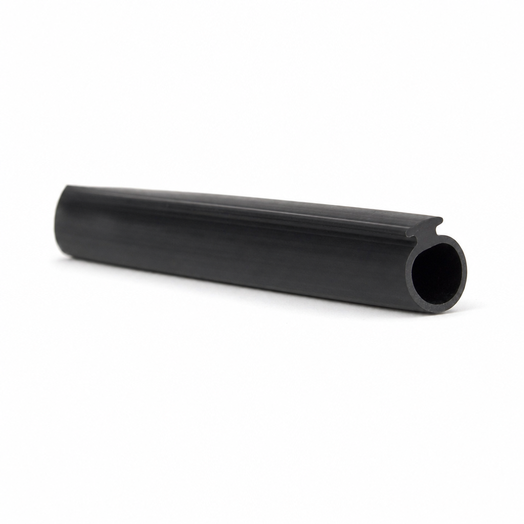Black rubber B-post seal with fin profile, coiled length on white background