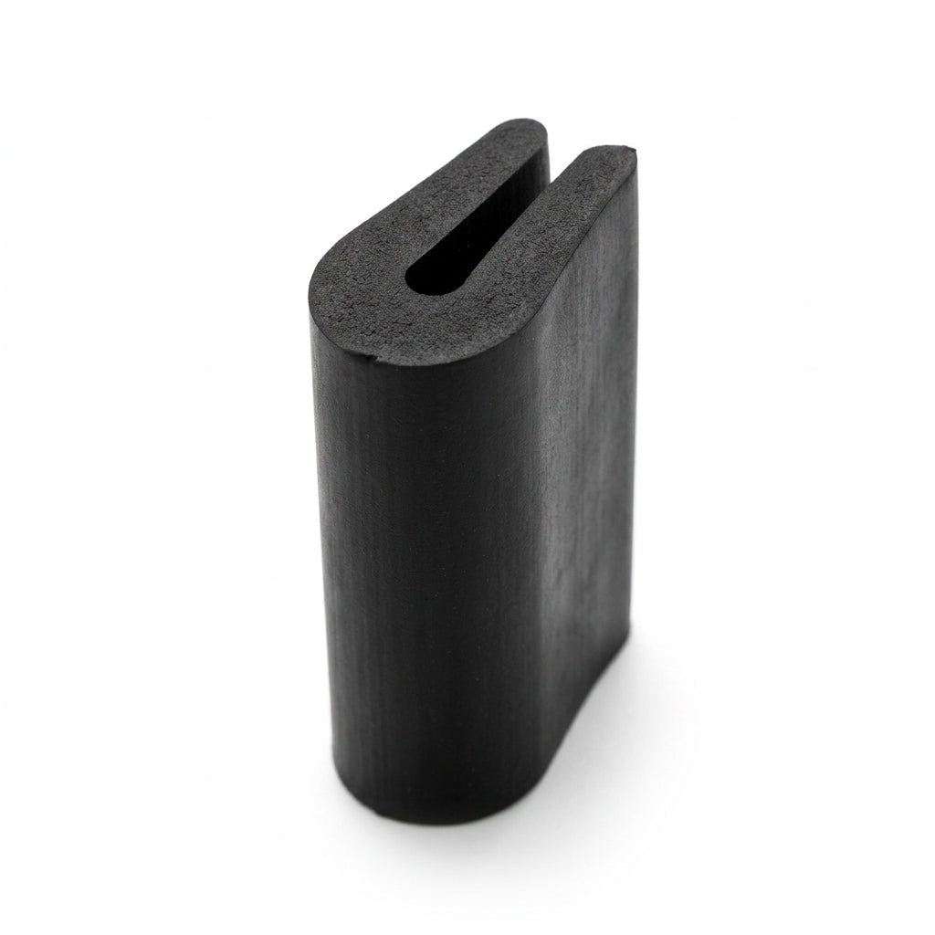 Black neoprene U-channel profile standing upright, plain white background shot of rounded block
