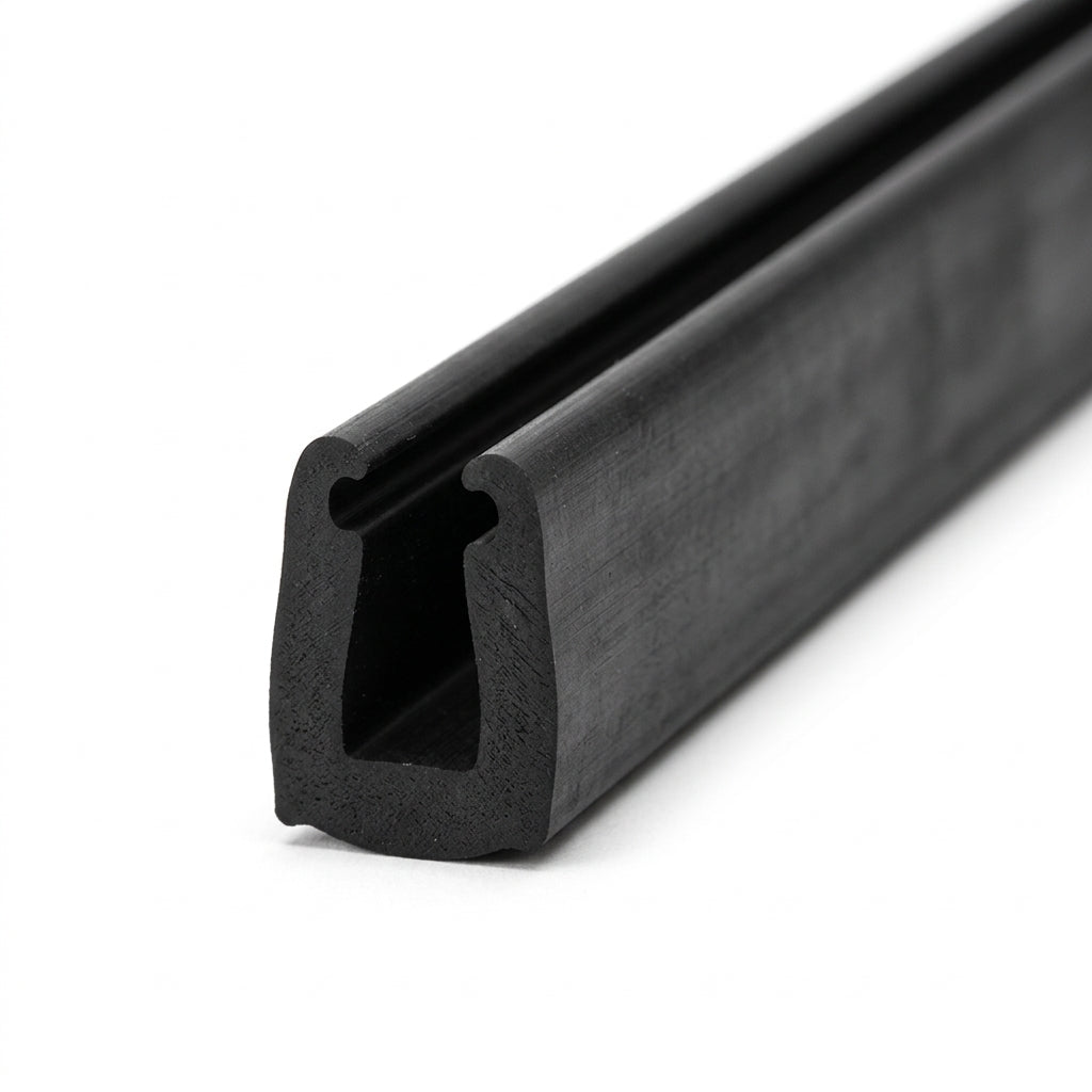 Black EPDM U-channel profile coiled, angled view showing ribbed outer leg detail