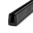 Black EPDM U-channel profile coiled, angled view showing ribbed outer leg detail