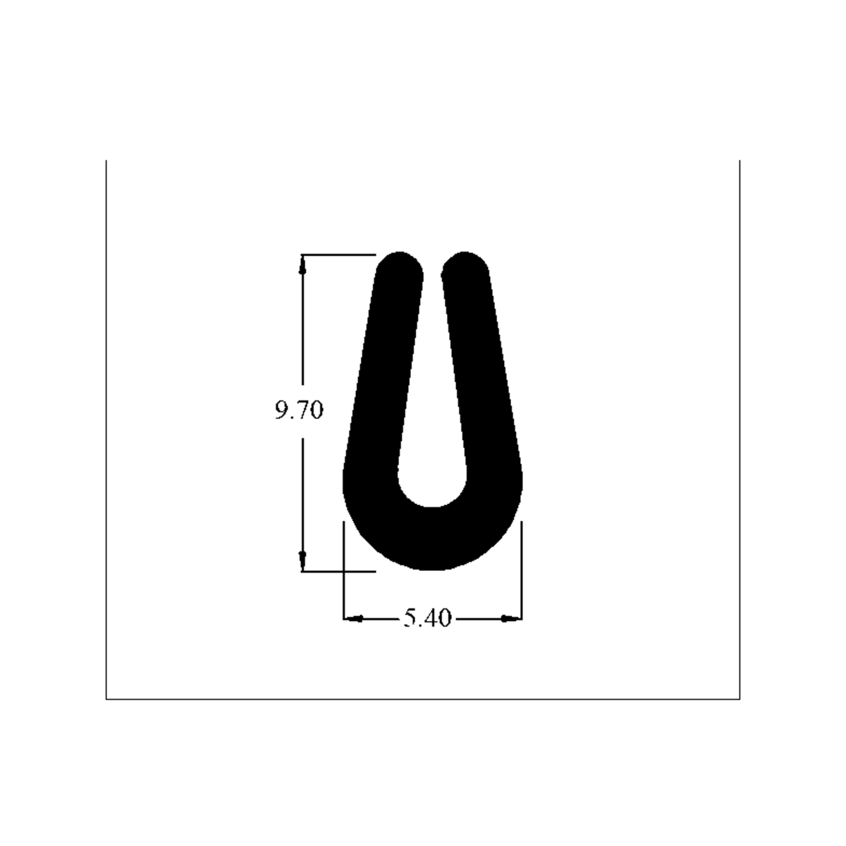 Cross-section diagram of rounded U-channel profile, 9.70mm high x 5.40mm wide dimensions shown