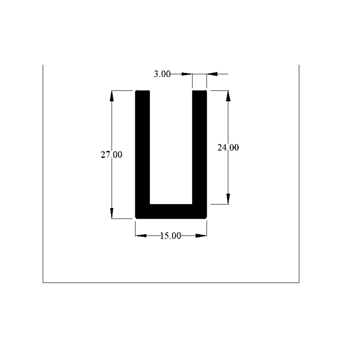 Cross-section diagram of U-channel profile, 27.00mm high x 15.00mm wide dimensions shown