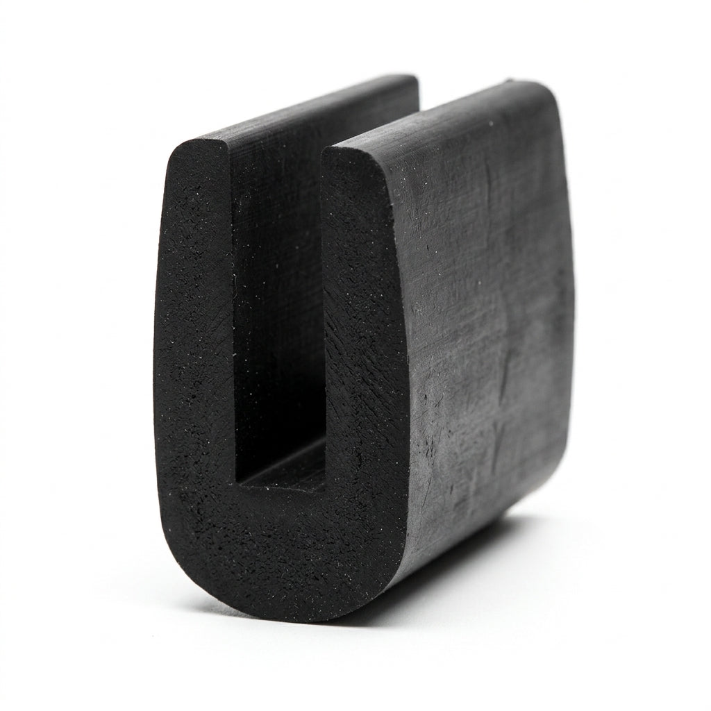 Black neoprene U-channel profile standing upright, plain white background shot of rounded block