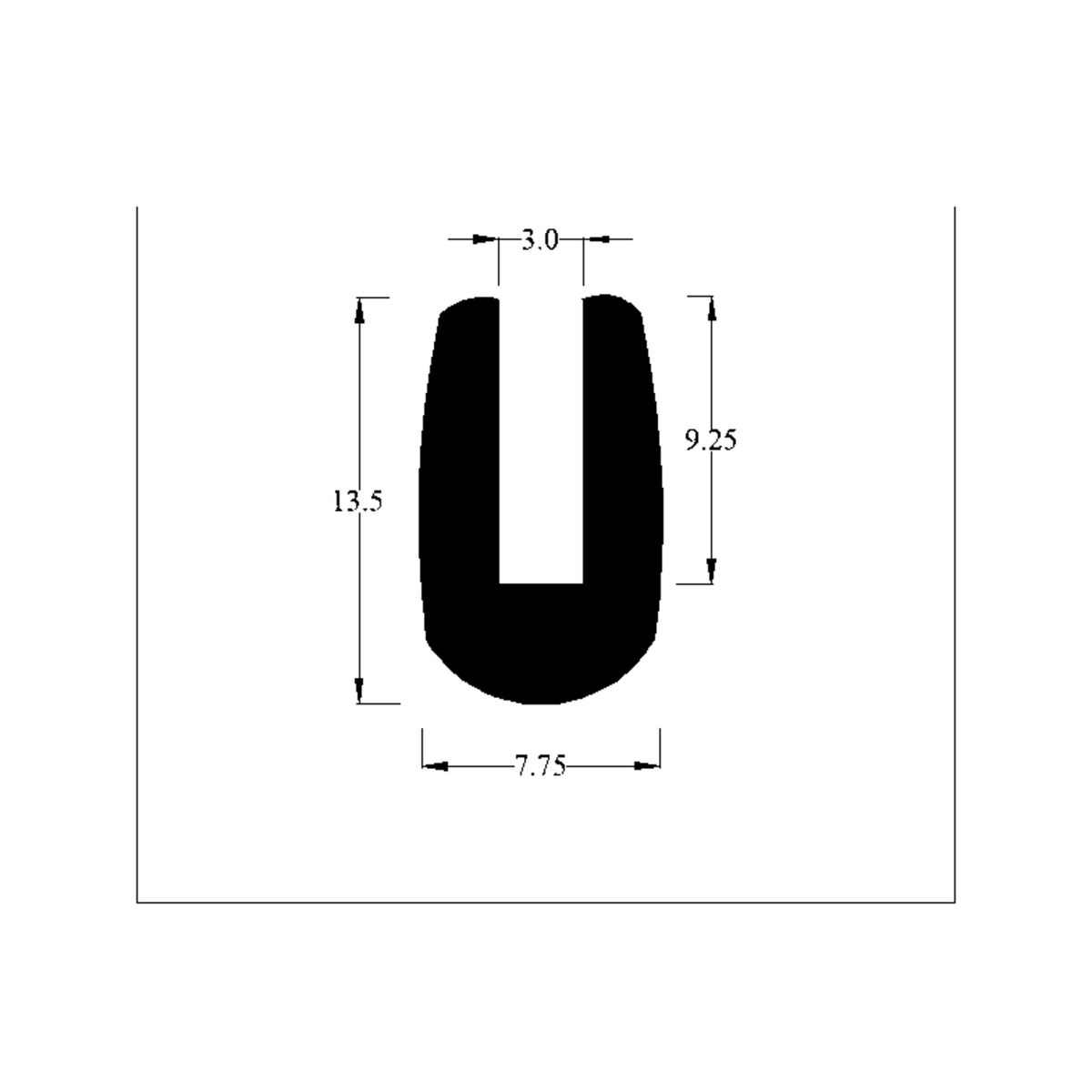 Cross-section diagram of teardrop U-channel profile, 13.5mm high x 7.75mm wide dimensions shown