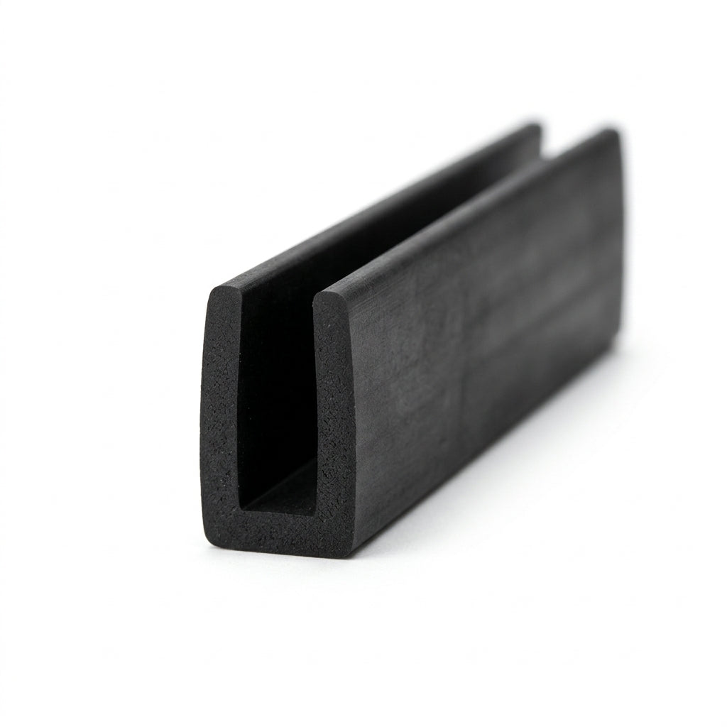Black rubber U-channel profile coiled, angled view of square-ended groove