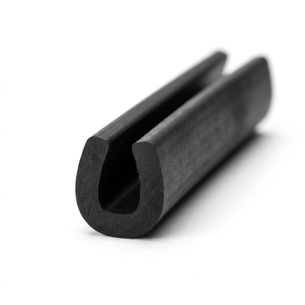 Black EPDM round U-channel profile coiled, close-up end-on view of U-shaped groove