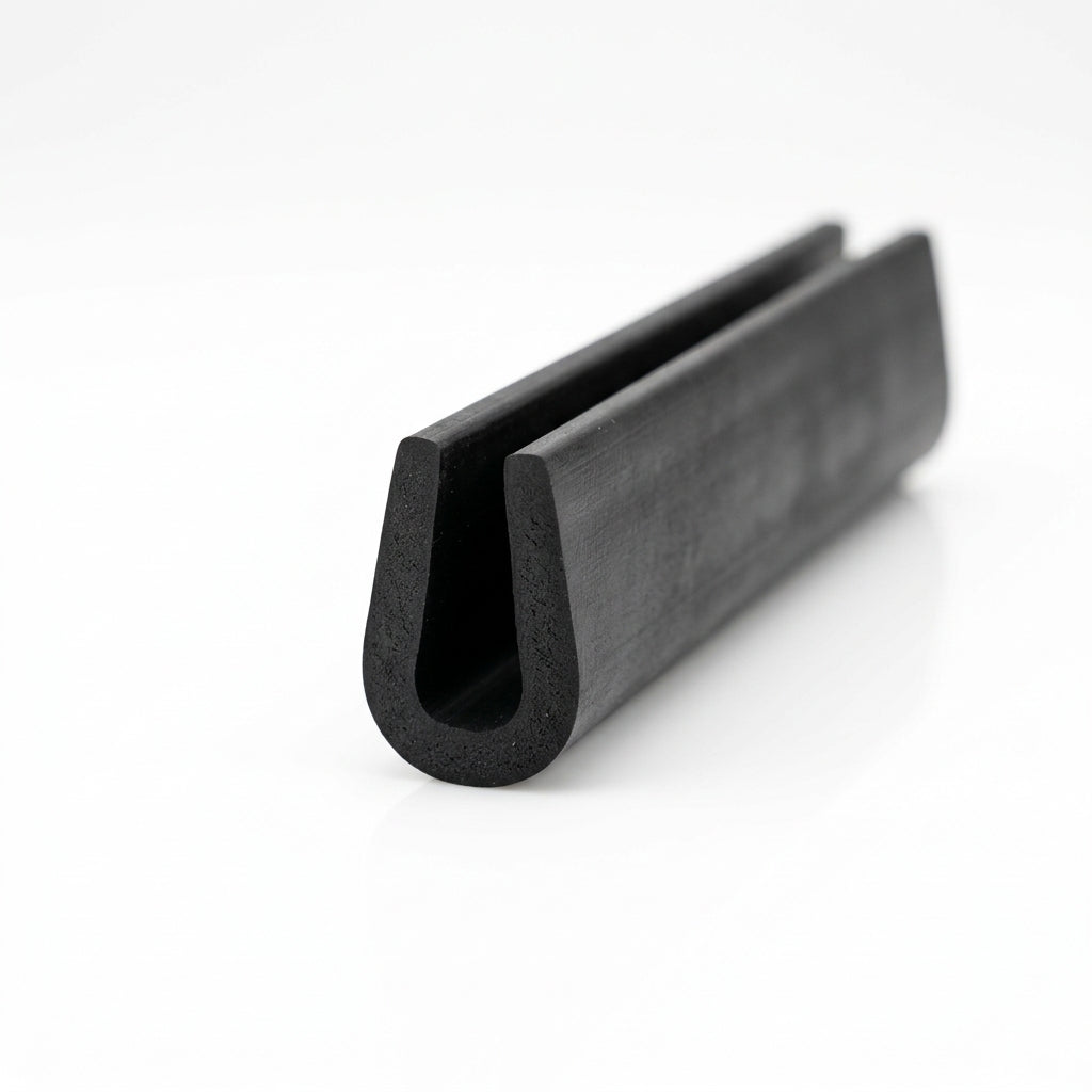 Black EPDM U-channel profile coiled, angled view of straight-sided U section