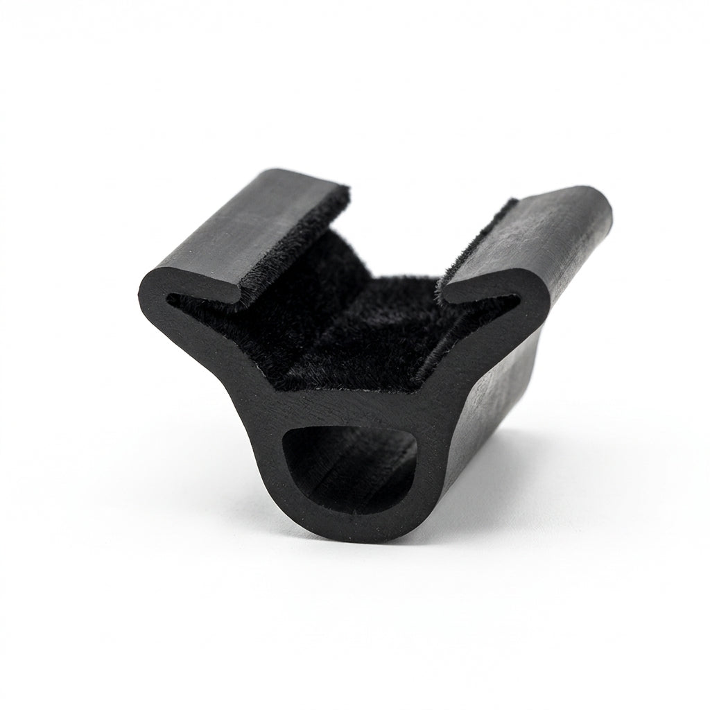 Black EPDM flocked channel seal, angled view showing flock lining inside Y-shaped groove