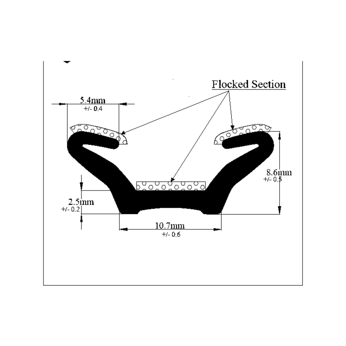 Cross-section diagram of flocked channel seal with flocked sections marked, 10.7mm width shown