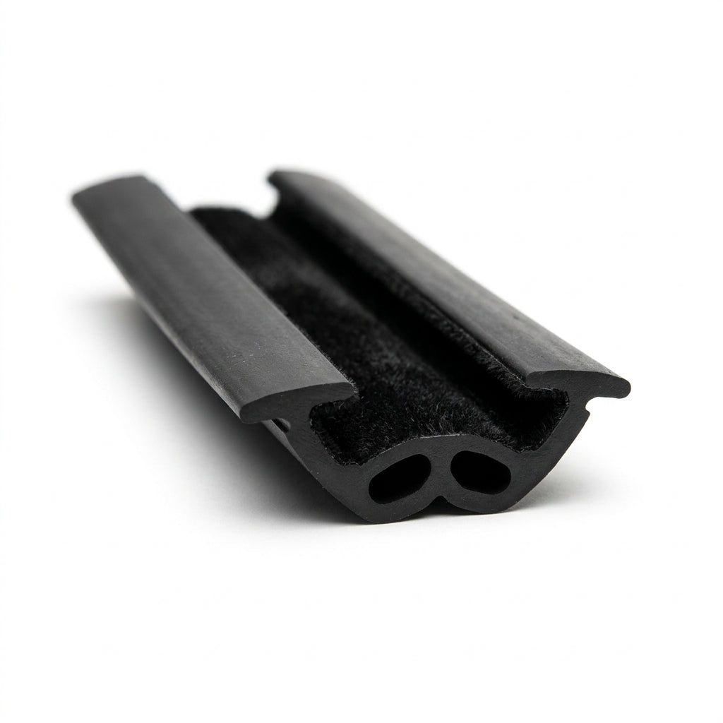 Black rubber channel with a felt-lined groove, coiled length on white background