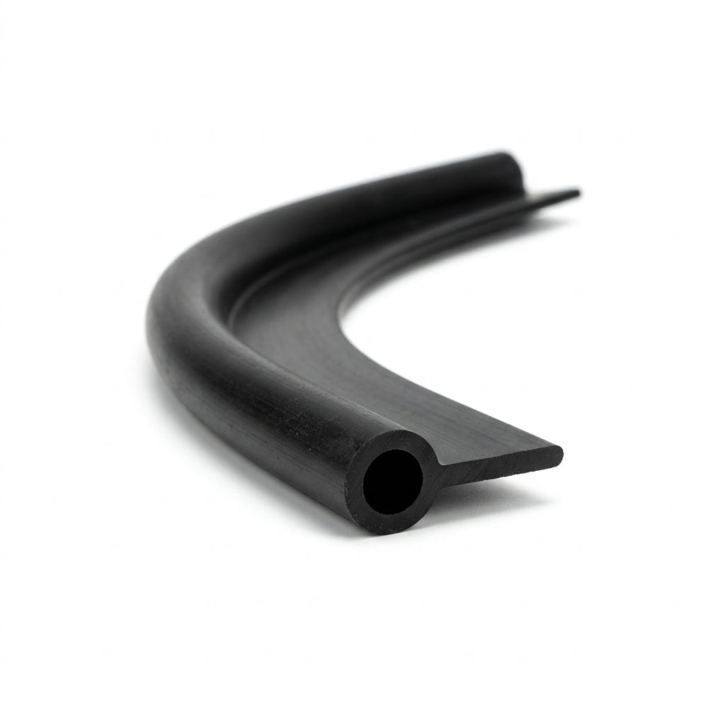 Black PVC wing piping curved, showing its hollow bead and flat tail profile
