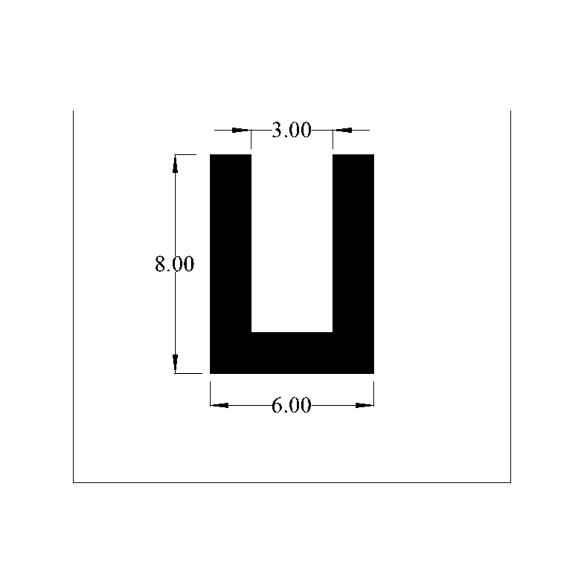 Cross-section diagram of U-channel profile, 8.00mm high x 6.00mm wide dimensions shown