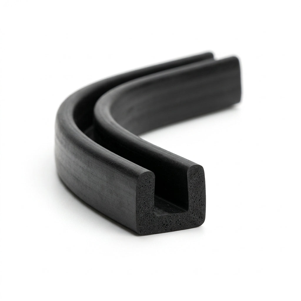 Black rubber U-channel profile coiled, curved length showing square-ended groove