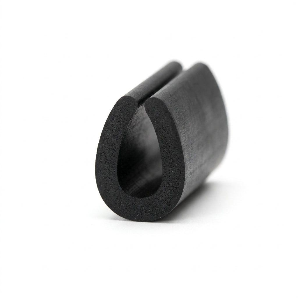 Black EPDM U-channel profile standing upright, plain white background shot of rounded block