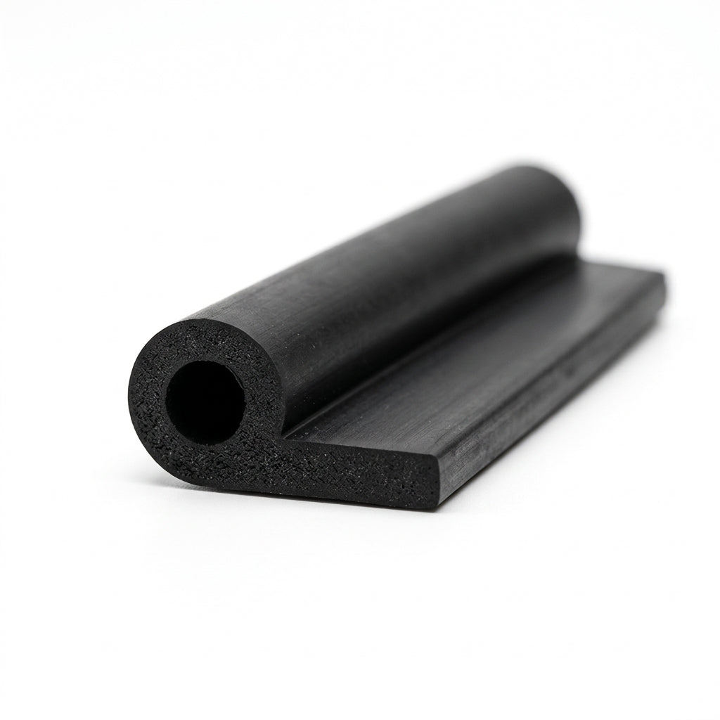 Black hollow P section rubber profile, angled close-up studio shot