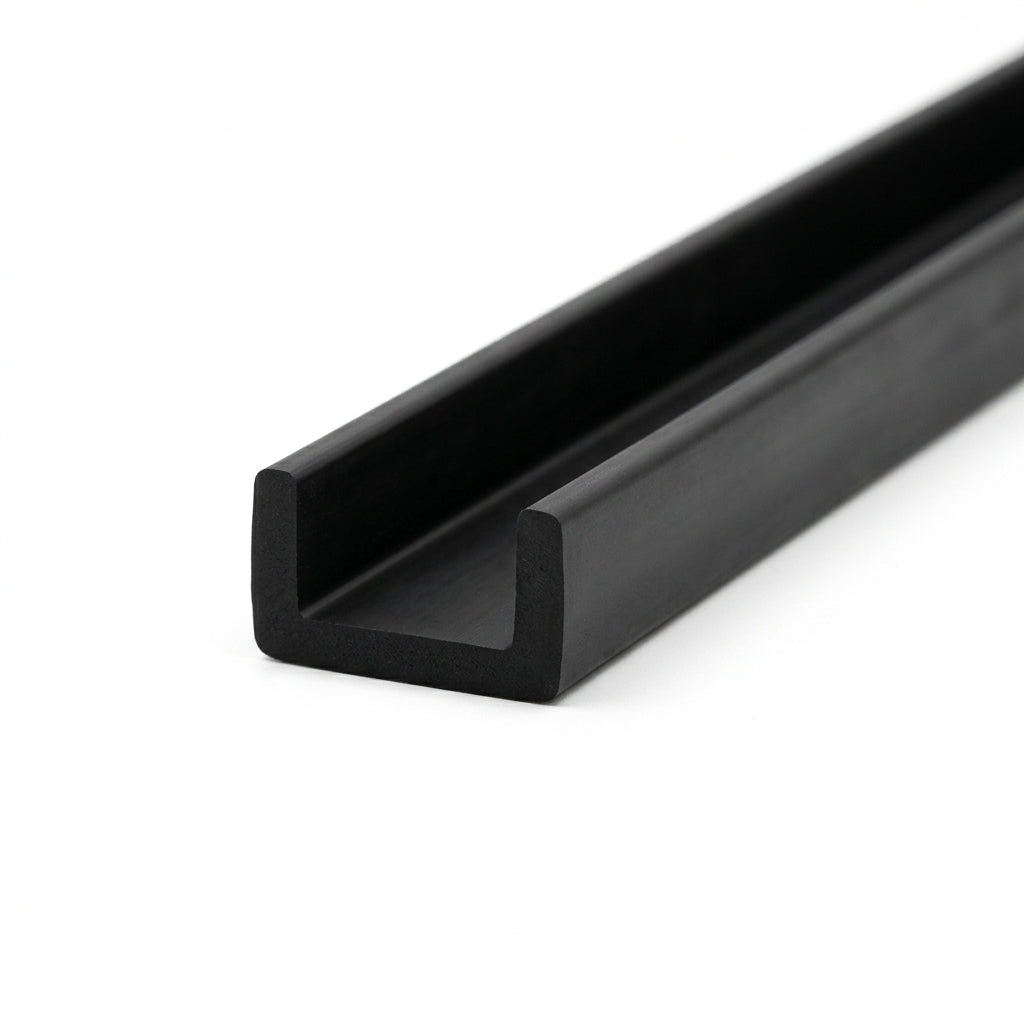 Black rubber U-channel profile coiled, angled view of wide square-ended groove
