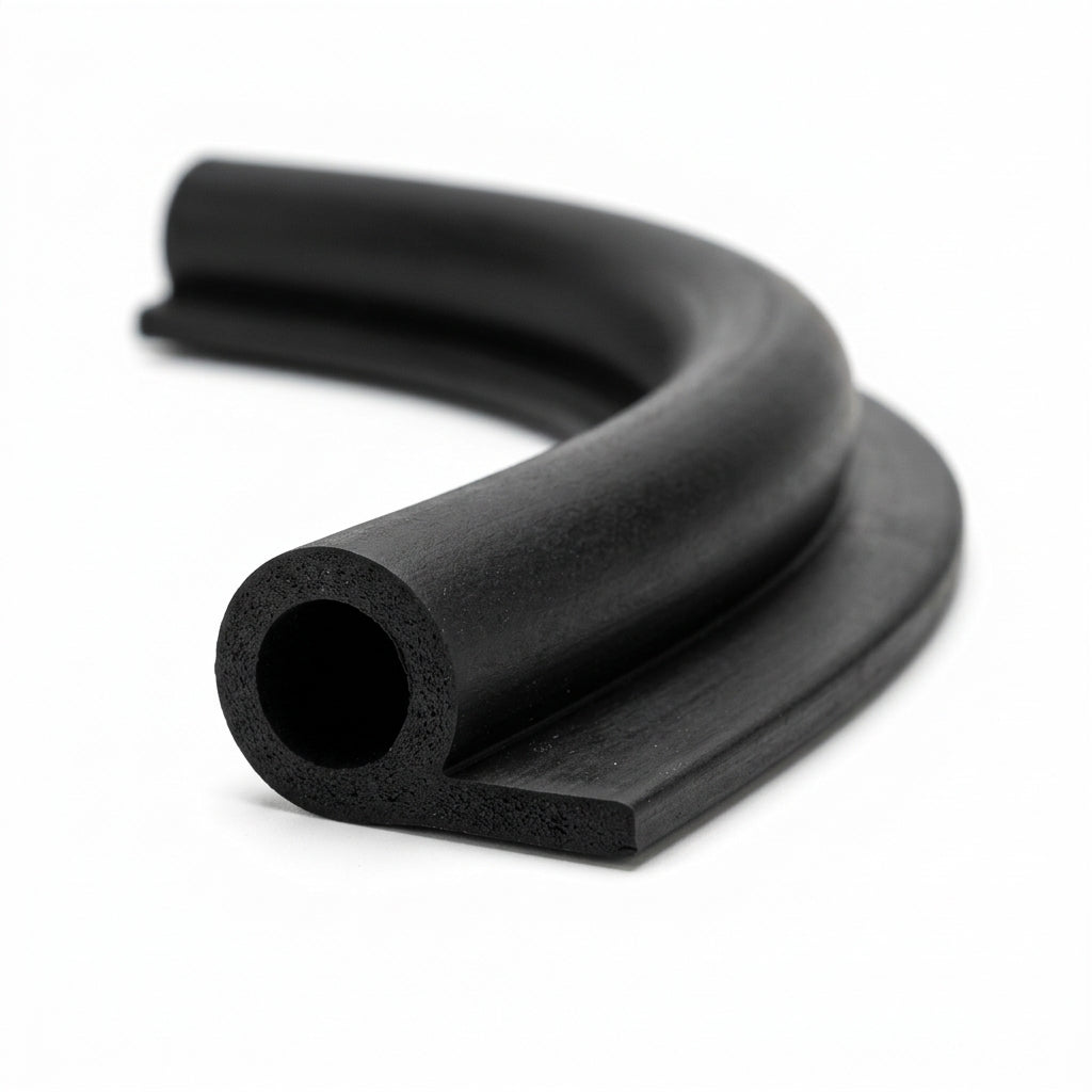 Black hollow P section rubber extrusion bent into a curve, studio shot