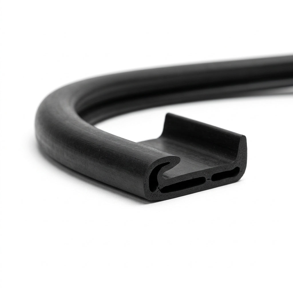 Coiled length of black rubber seal with a hooked channel profile, studio shot