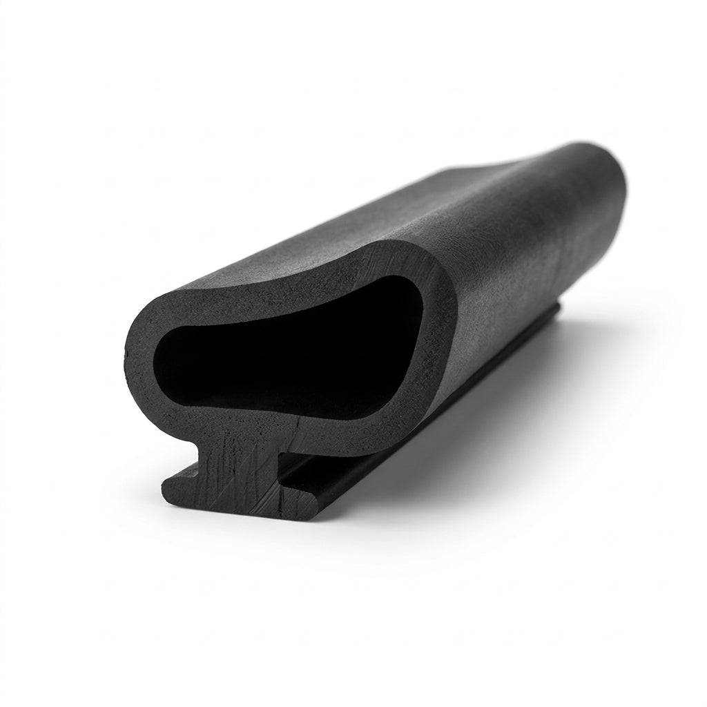 Black rubber boot seal profile with rounded bulb, close-up studio shot