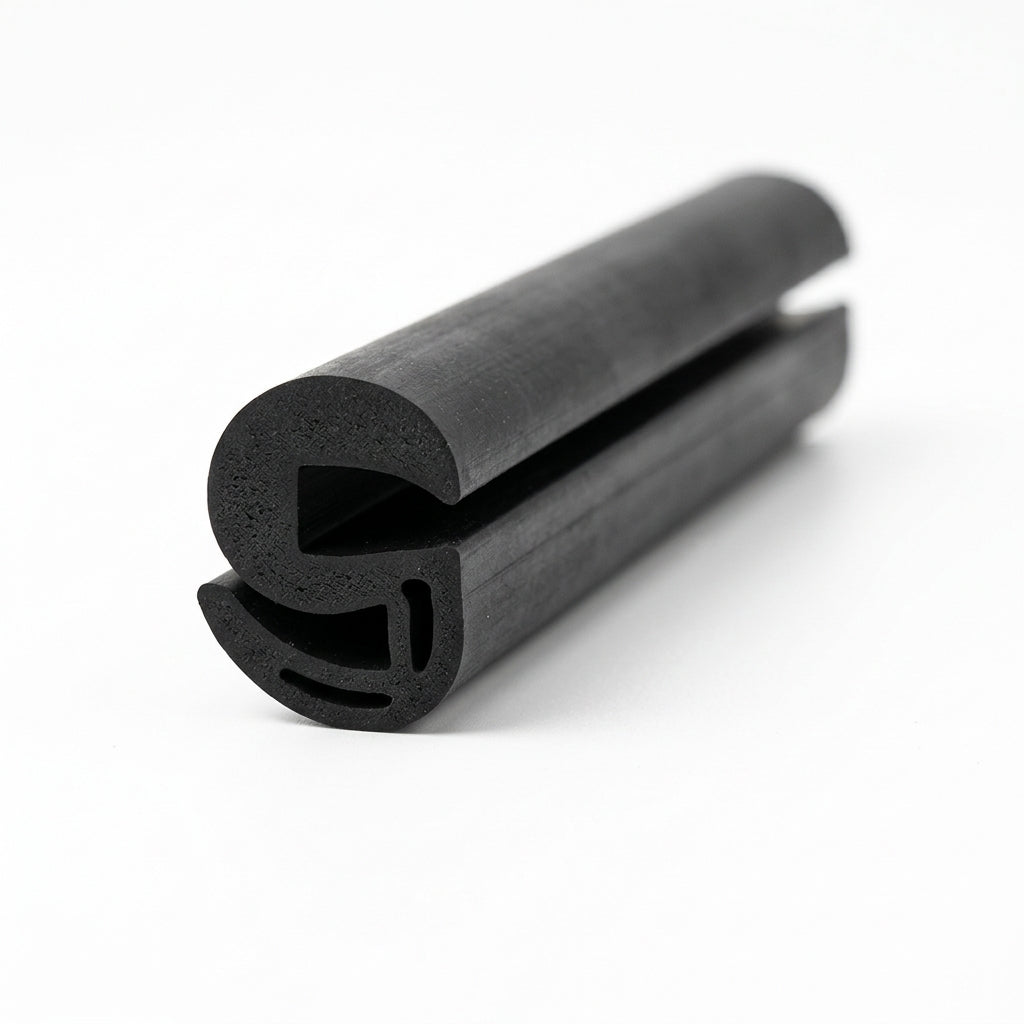 Black S-shaped window rubber seal shown as coiled length with bulb and open channel