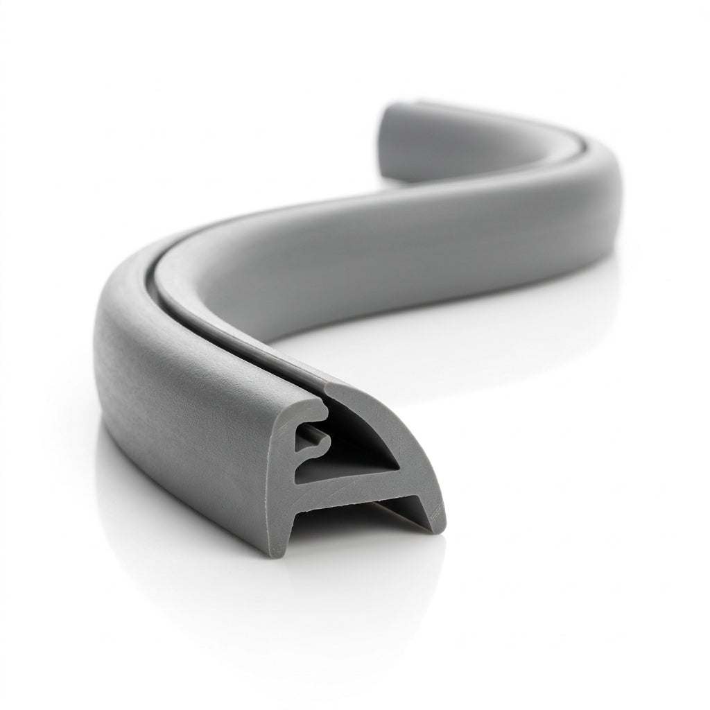 Grey PVC awning rail coiled in an S-shape, showing the hooked channel profile