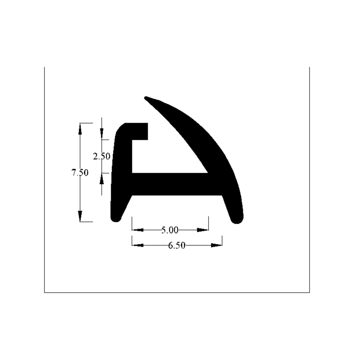 Technical diagram of awning rail hook profile, 7.50mm tall and 6.50mm wide