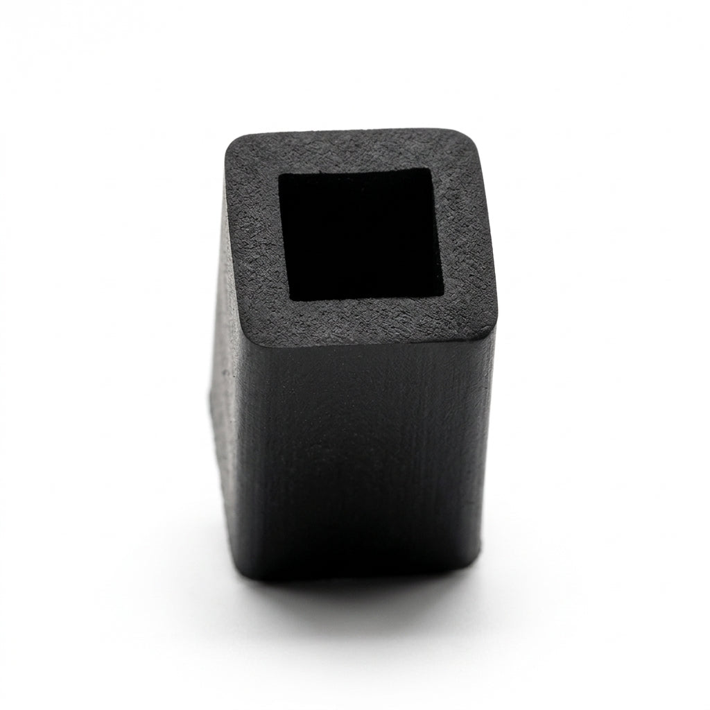 Black rubber channel profile, end-on view of square-bored section on white background
