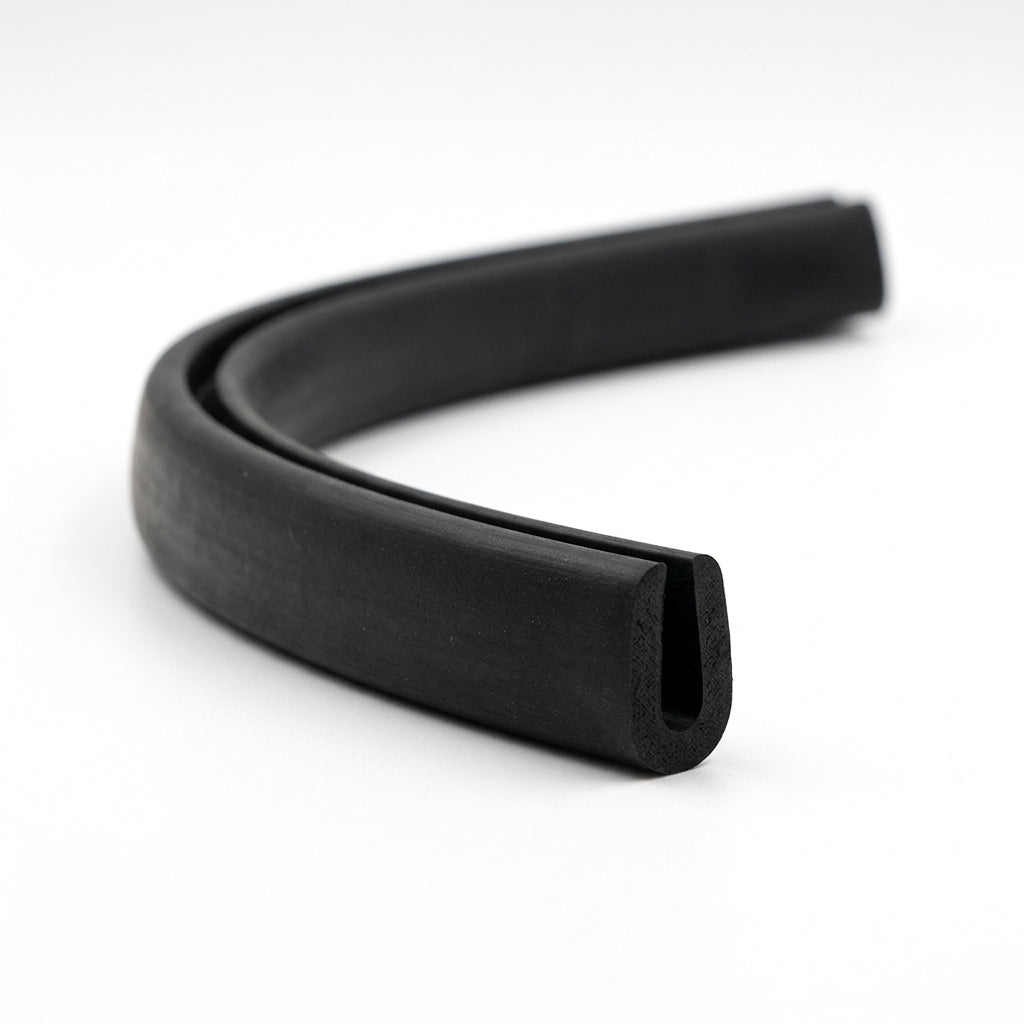 Black rubber U-channel profile coiled, curved length showing rounded groove