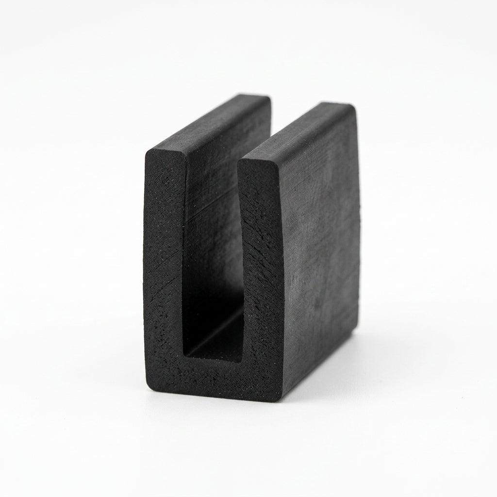 Black EPDM U-channel rubber profile standing upright, plain white background shot