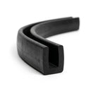 Black rubber square U-channel shown as coiled S-curved length, square-ended groove visible