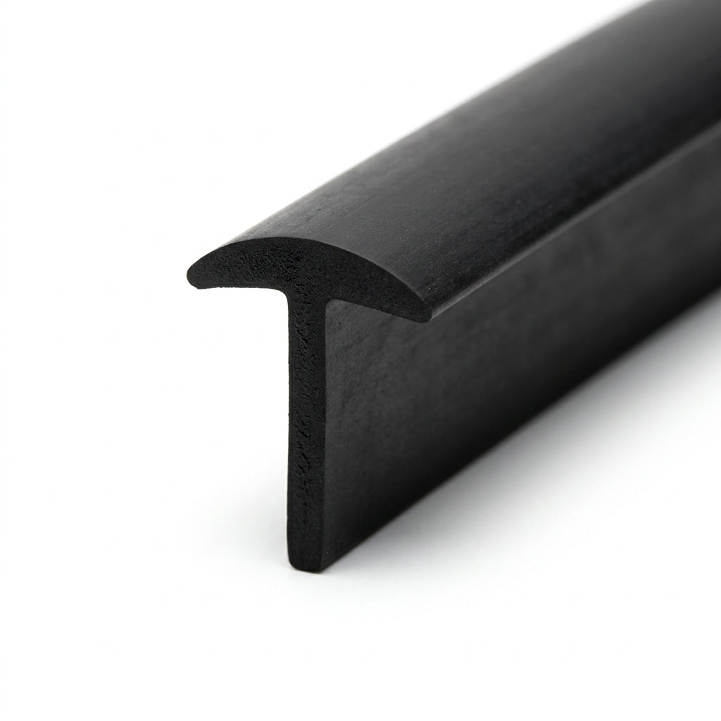 Black rubber T-section extrusion, angled close-up studio shot