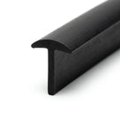 Black rubber T-section extrusion, angled close-up studio shot