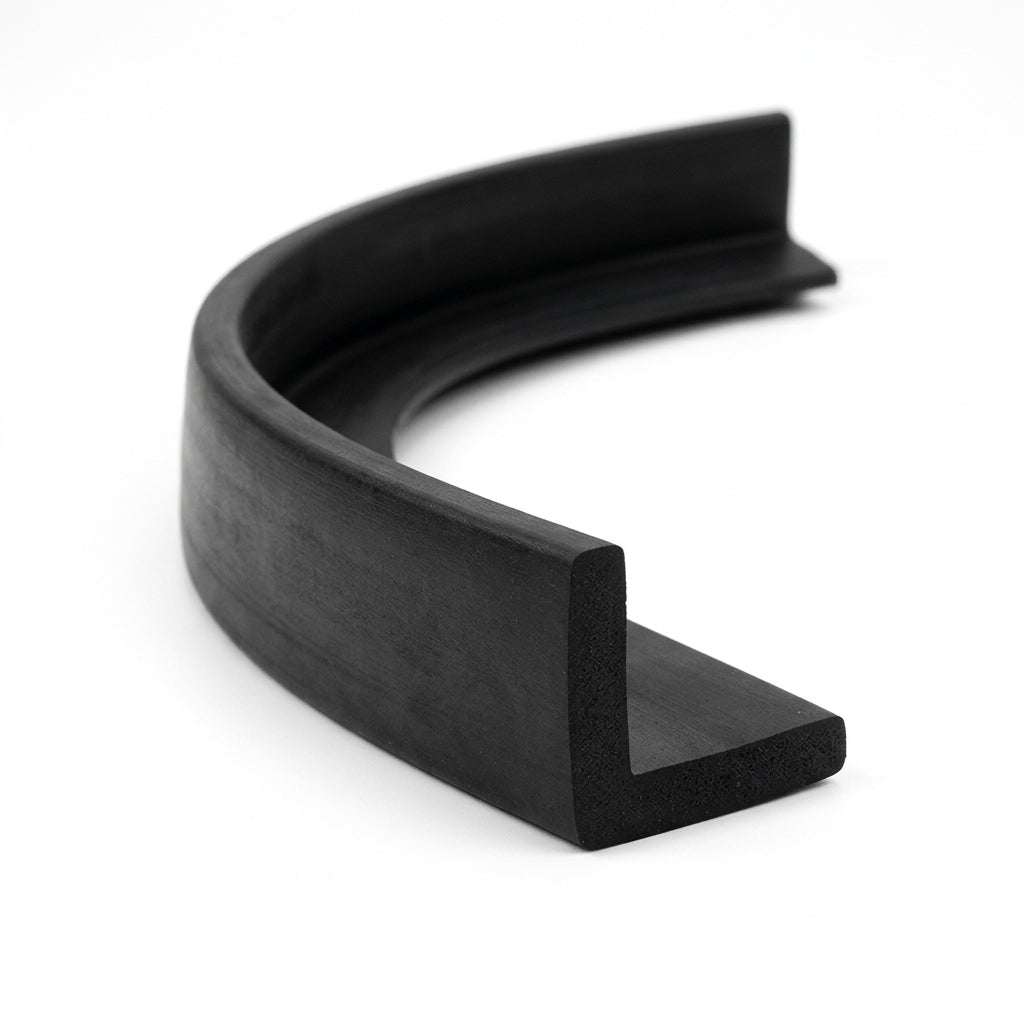 Coiled length of black rubber L-section extrusion curved into a loop