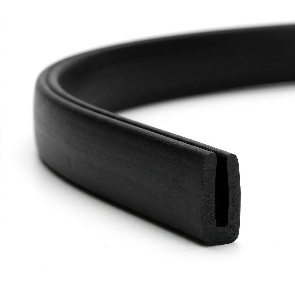 Black PVC edge trim shown coiled into a loop on a white background