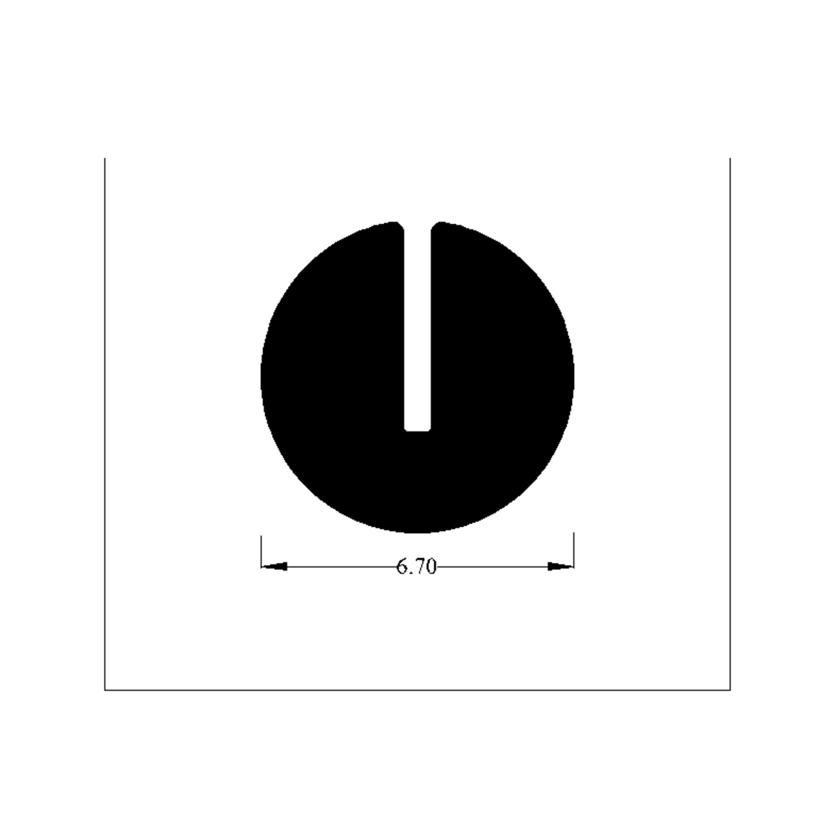 Cross-section diagram of round EPDM U-channel profile with slit, width 6.70mm marked
