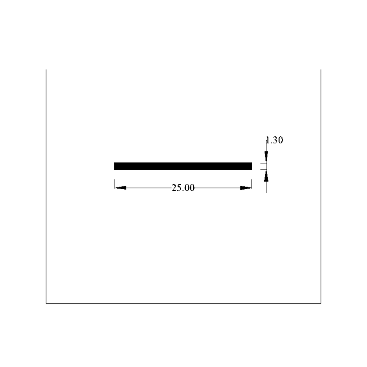 Technical diagram of flat PVC insert profile, 25.00mm wide and 1.30mm thick