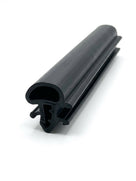 Black window seal profile with mounting flange, angled studio shot, white background