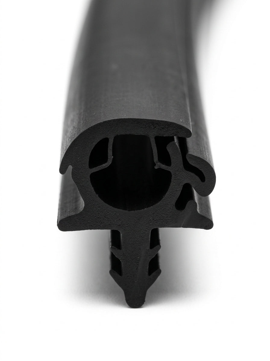 Black sunroof seal profile with locking channel, angled studio shot