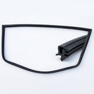 Black windscreen seal frame laid flat beside a coiled filler strip, white background