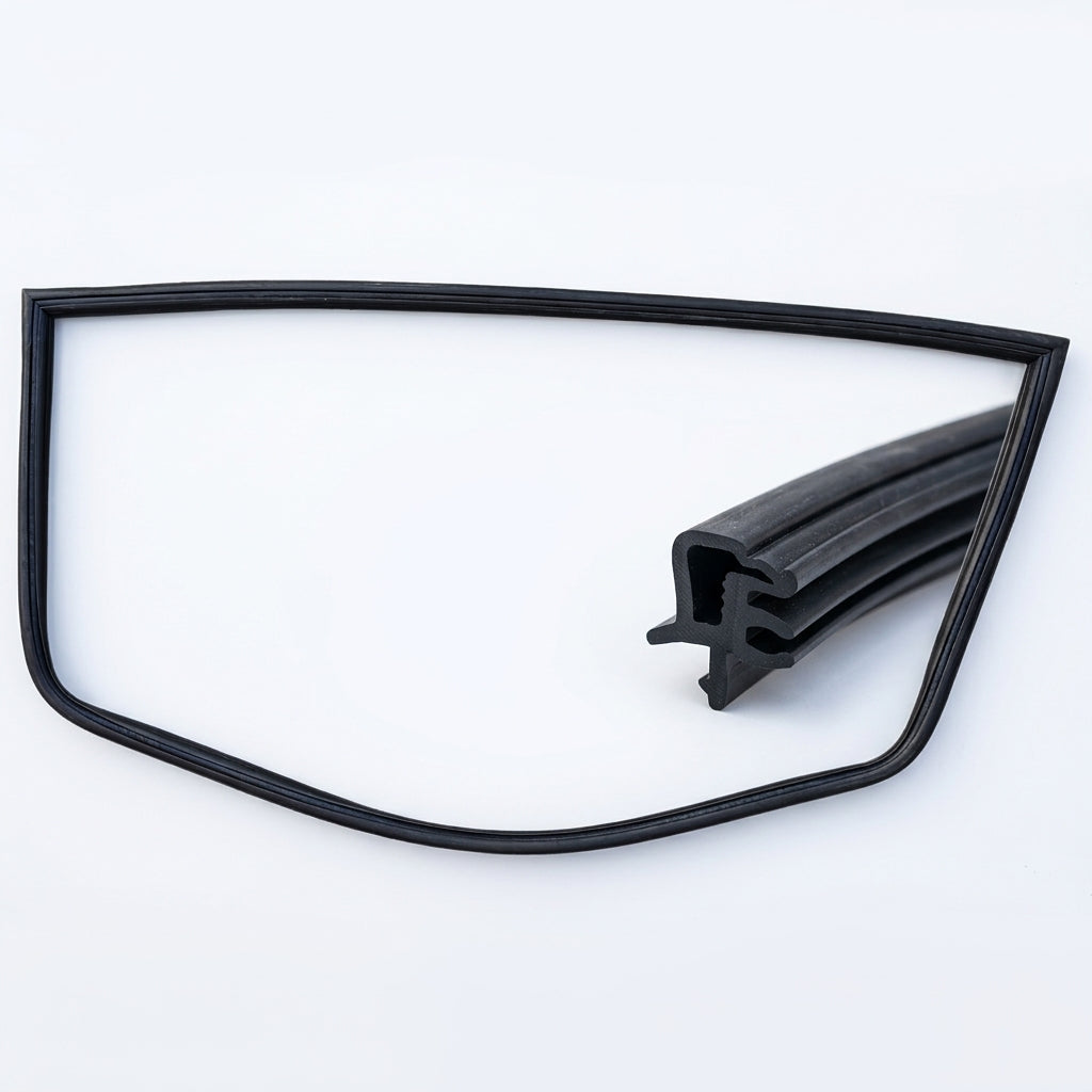 Black windscreen seal frame laid flat beside a coiled filler strip, white background