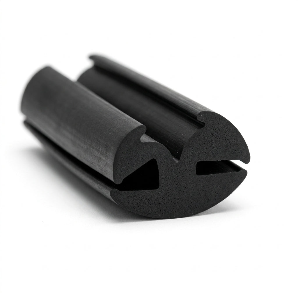Black EPDM weatherstrip glazing section shown curved, twin-bulb extruded profile