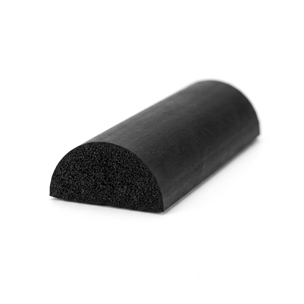 Black half-round sponge rubber section at an angle, cut end showing porous cell structure