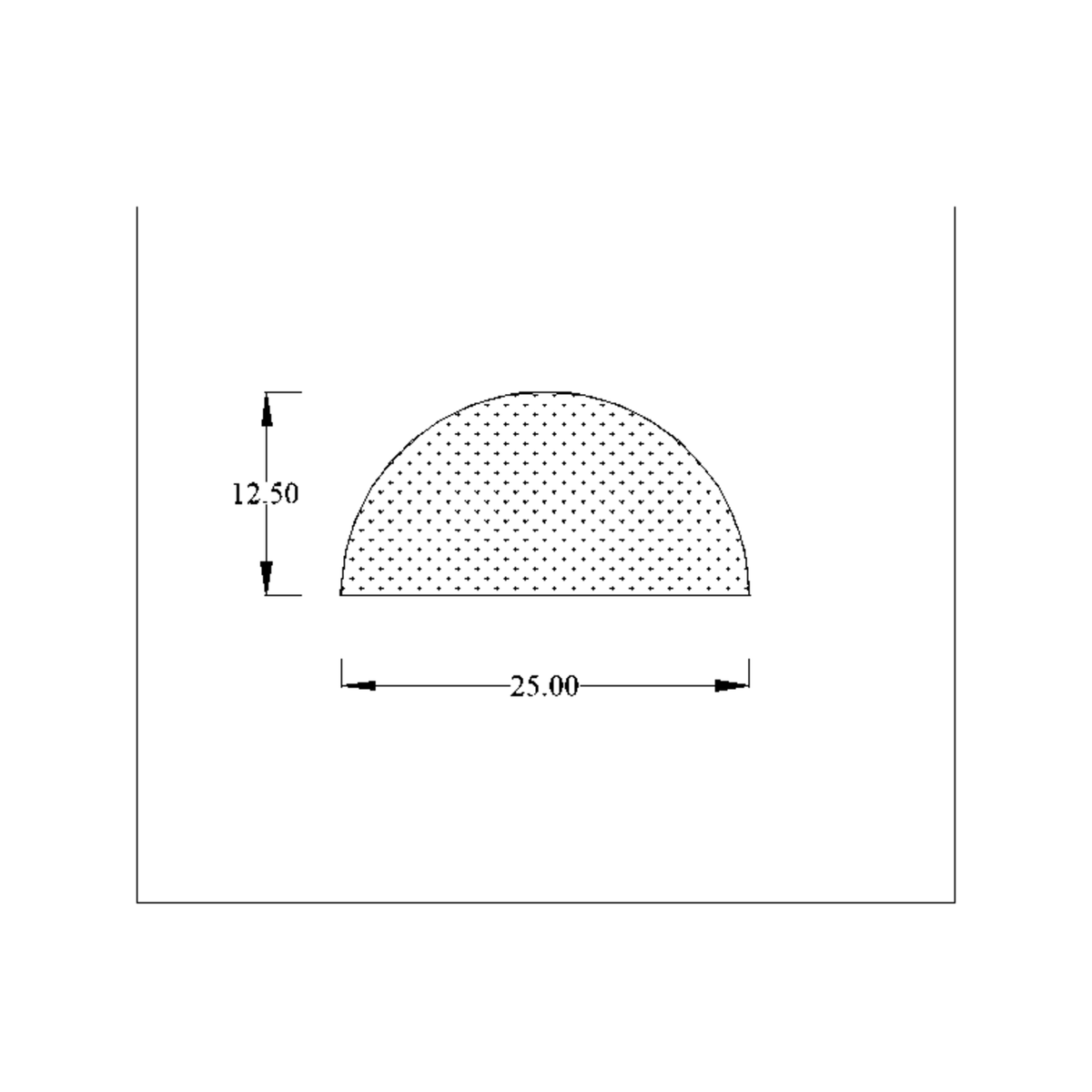 Dimensioned half-round profile diagram with 25mm and 12.50mm measurements