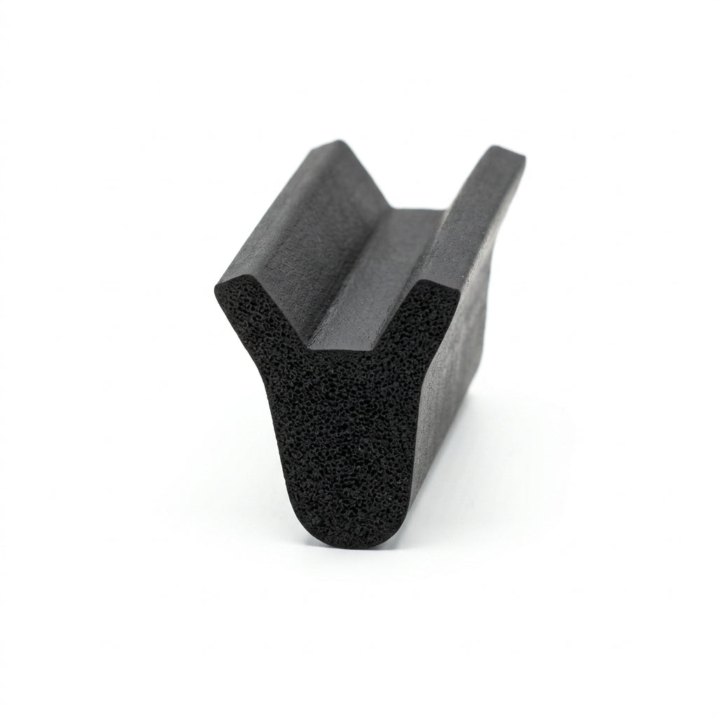 Black sponge rubber V-profile seal showing porous cut-end texture